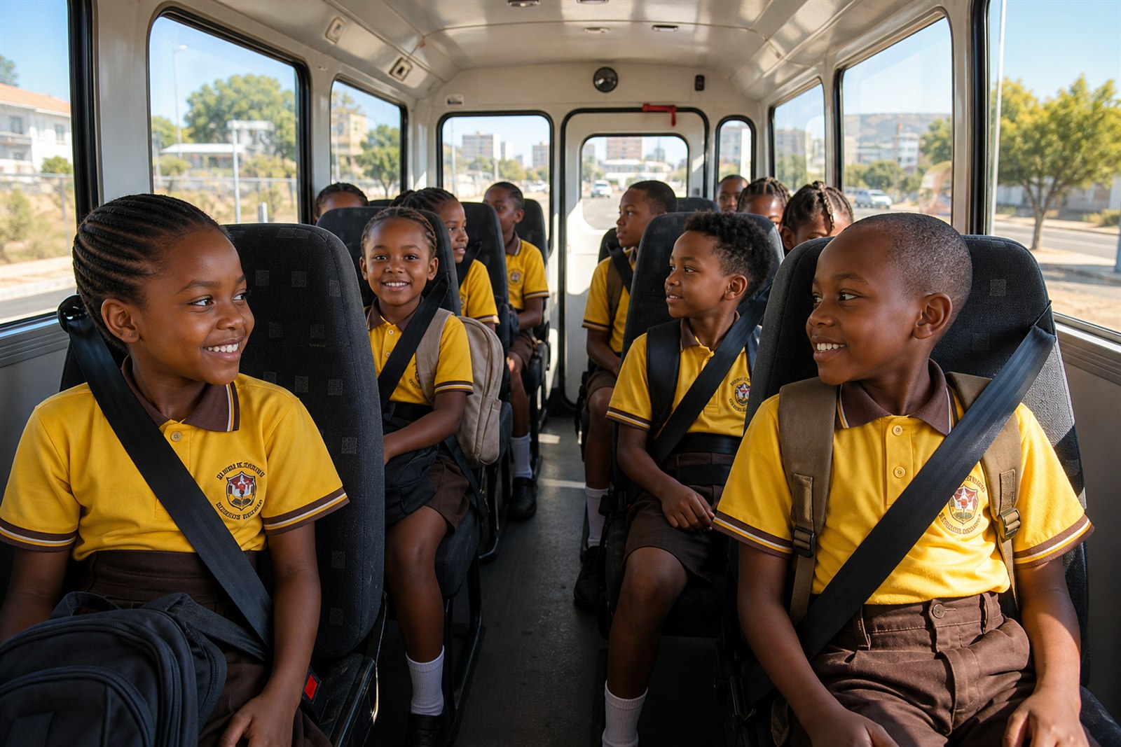Sunshine learners seated safely inside a clean school bus